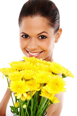 Happy woman, portrait and bouquet in studio for skincare, natural and eco friendly product on white background. Female person, sustainable makeup and treatment for cosmetics, flowers and aesthetic