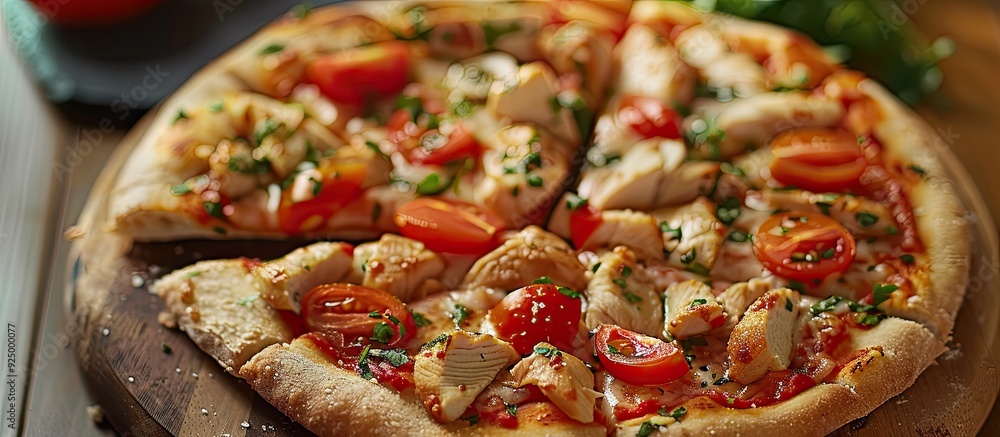 Poster a close up copy space image featuring a sliced pizza topped with chicken and tomatoes displayed on a