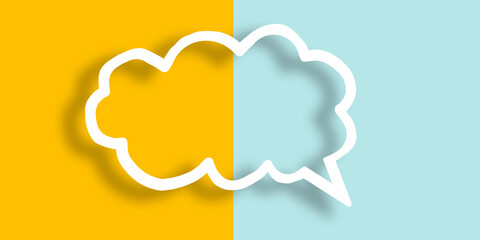 Empty transparent cloud paper speech bubble shape against yellow-light blue background.