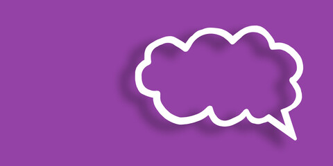 Empty transparent cloud paper speech bubble shape against purple background.