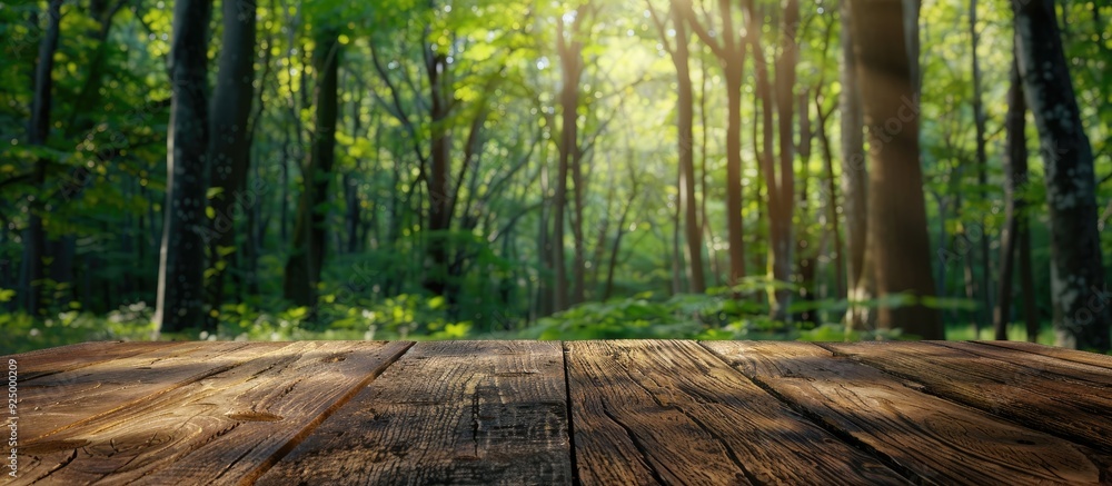 Poster wooden table with a blurred green forest background providing ample copy space for placing products 