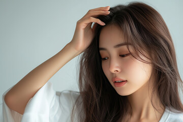 Fototapeta premium Damaged hair, frustrated asian young woman, girl holding hand split ends, dirty uncombed dry hair with upset face, long disheveled hair, health and beauty care.