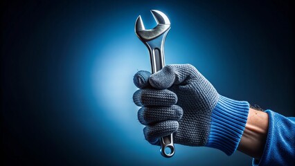 Sleek, modern close-up of a mechanic's glove holding a precision tool, set against a dark, gradient blue background, emphasizing cutting-edge expertise and sophistication.