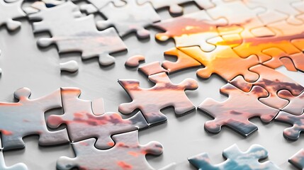 Obraz premium A corner piece of a jigsaw puzzle on a clean white background, featuring a striking image of a sunset.