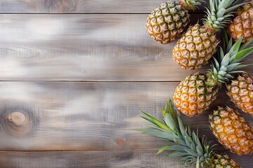 A fresh wooden surface adorned with organic pineapples, creating a tropical and refreshing scene perfect for backgrounds.