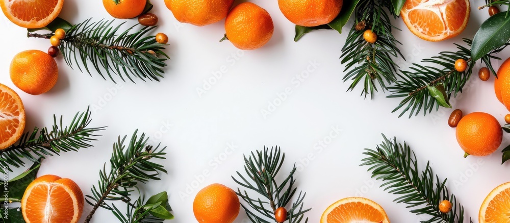 Poster top-down view of a new year composition with tangerines placed near fir branches on a white backgrou