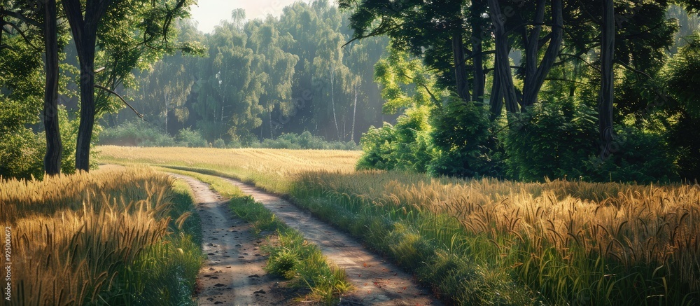 Canvas Prints Summer landscape with a rural road near a forest bordering a barley field creating a picturesque scene with a copy space image