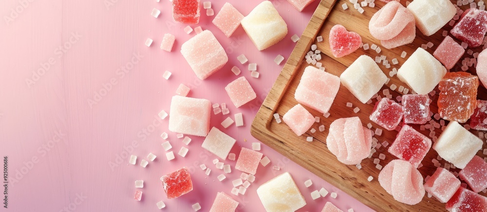 Poster wooden board featuring various types of sugar displayed against a soft pink background with ample co