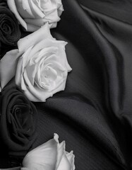 Elegant black roses on a luxurious black cloth background. generative ai
