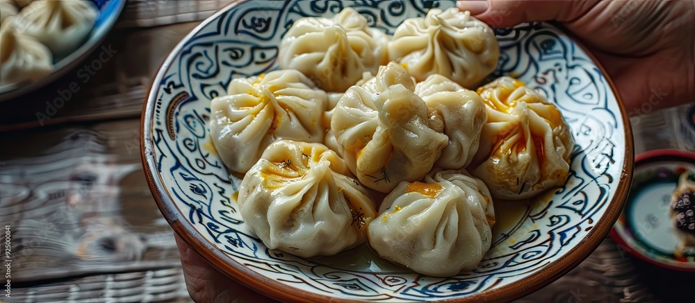 Poster A hand holds up a hot Khinkali dumpling on a plate of Georgian cuisine with copy space image