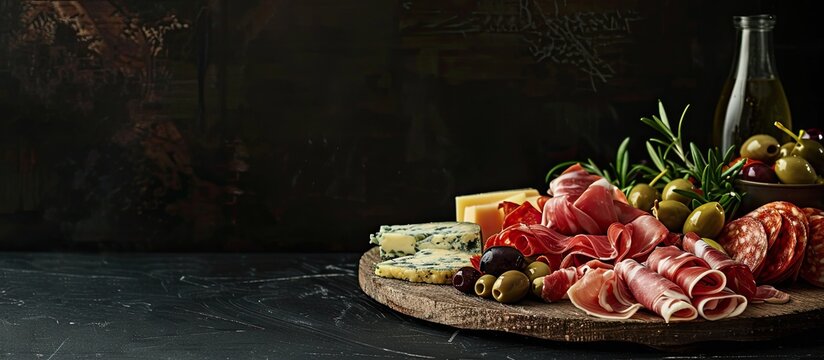 Top view of a meat and cheese platter antipasti snack including Prosciutto ham Parmesan Blue cheese Melon and Olives on a wooden board with a black background showcasing copy space image