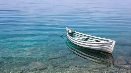 Naklejka premium Small White Boat with Blue Stripe Floating on Calm Waters