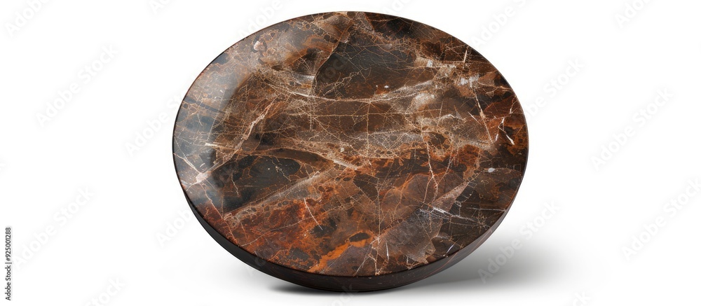 Poster brown circular marble plate isolated on a white backdrop with a clipping path for copy space image