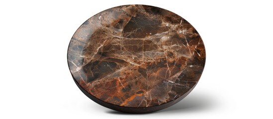 Brown circular marble plate isolated on a white backdrop with a clipping path for copy space image
