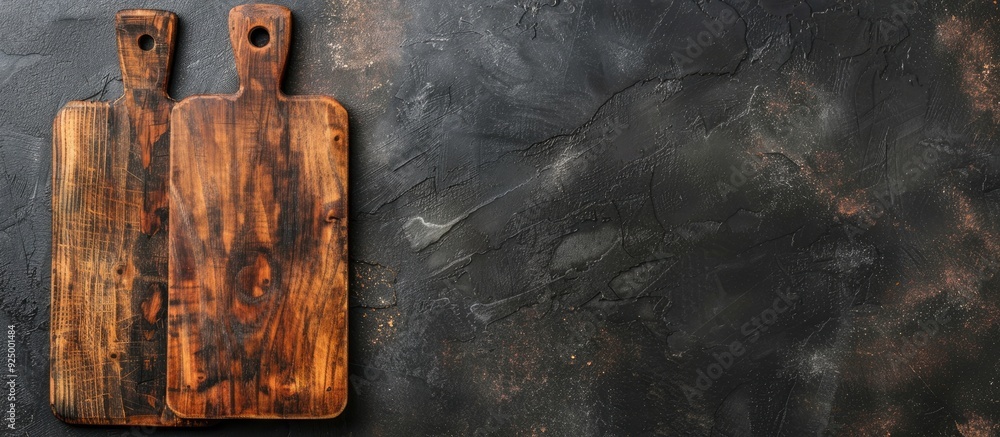 Poster Position two cutting boards on a food-themed background for a visually appealing concept. The top view includes copy space for additional elements.