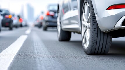 Urban Street Scene - Parked Silver Car and Surrounding Vehicles