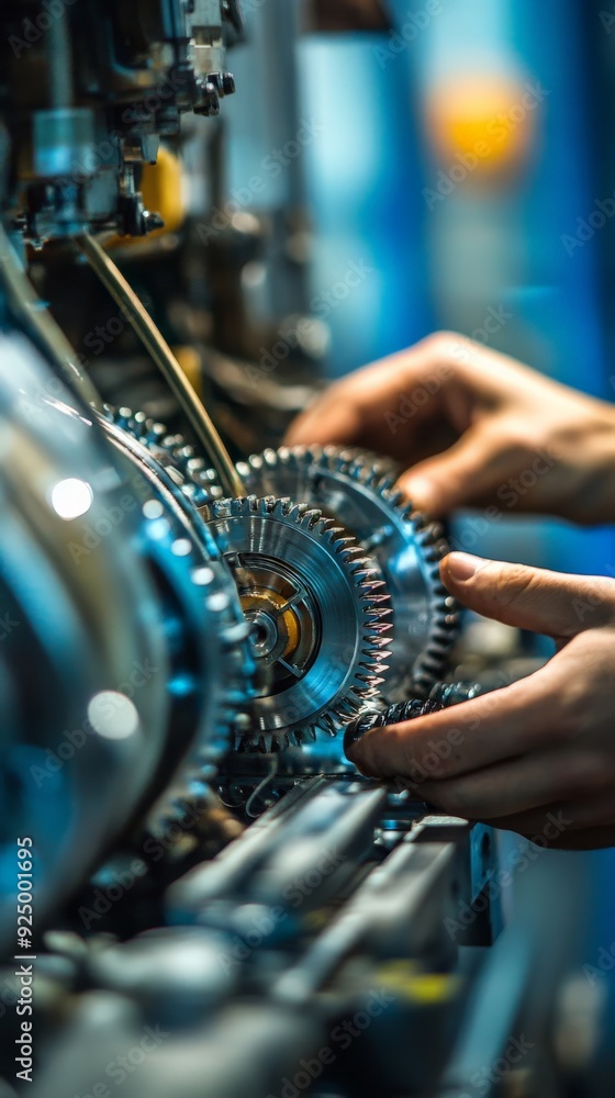 Aufkleber close-up of mechanic's hands working on intricate machine gears in a workshop setting. precision eng