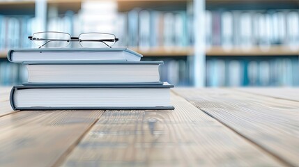 Stacked Textbooks and Glasses on Wooden Surface