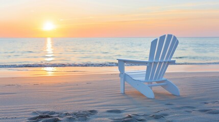 Serene Beach Scene with Adirondack Chair at Sunset