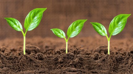 Three Seedlings with Green Leaves and White Stems Sprouting
