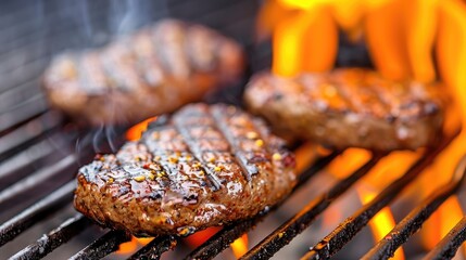 Perfectly Grilled Medium Rare Burger with Charred Marks and Smoking Wood Chips