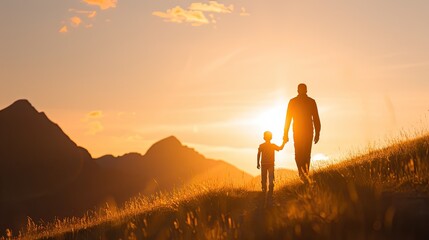 Father and Son Walking at Sunset on a Grassy Hill