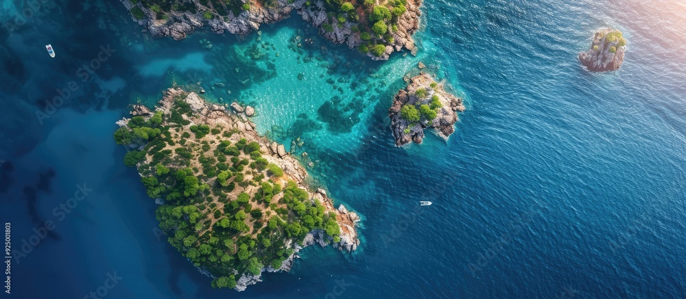 Poster summer islands and a blue ocean viewed from above creating a picturesque seascape in summer ideal fo