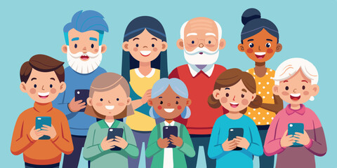 Aged people. Seniors together, with grandchildren and children, an elderly man and woman use phones and communicate. Grandparents in full growth
