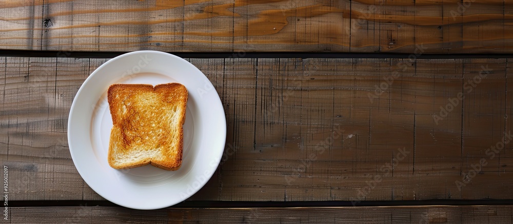 Poster toast on a plate positioned in the lower left corner of a wooden background with copy space image
