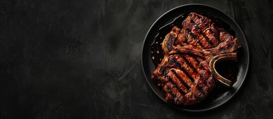 Top view of a BBQ pork T bone chop steak on a plate against a black background with ample copy space image