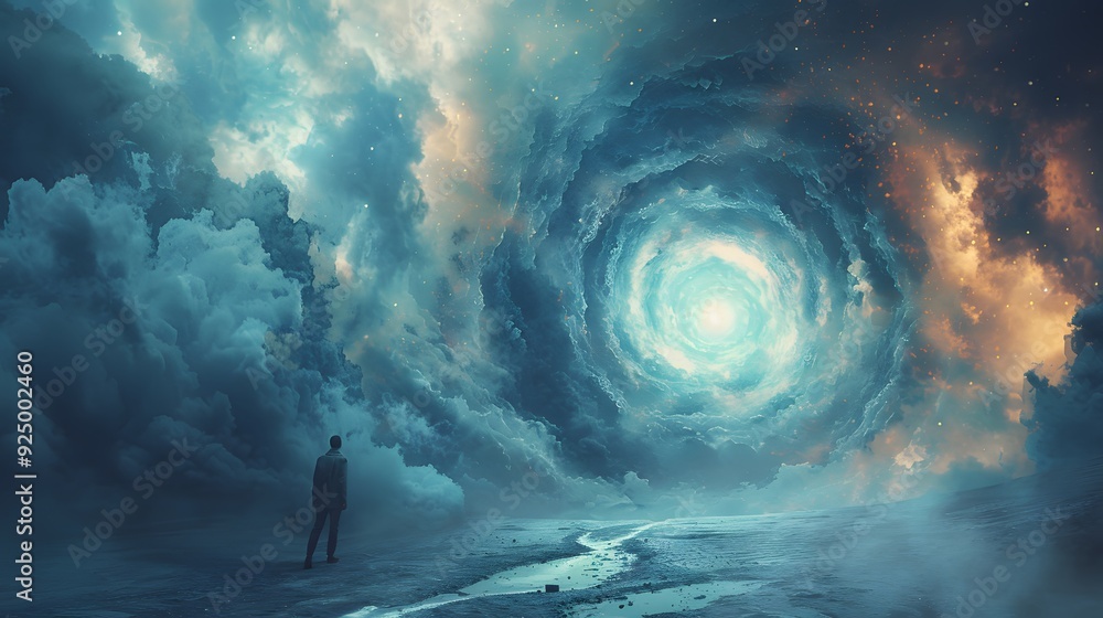 Poster man standing before a vortex of clouds.