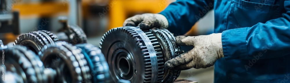 Poster close-up of worker's hands assembling gears in a workshop. industrial machinery and precision engine