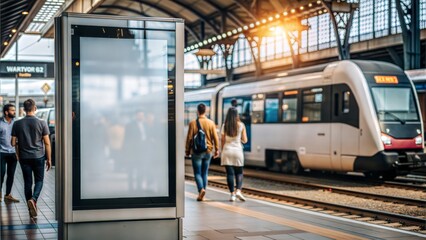 Mock up. Vertical advertising billboard, lightbox with empty digital screen on railway station. Blank white poster advertising, public information board stands at station in front of people and train