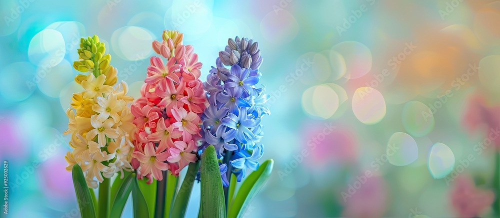 Poster a charming trio of colorful hyacinths in a spring themed arrangement with a blurred background empha
