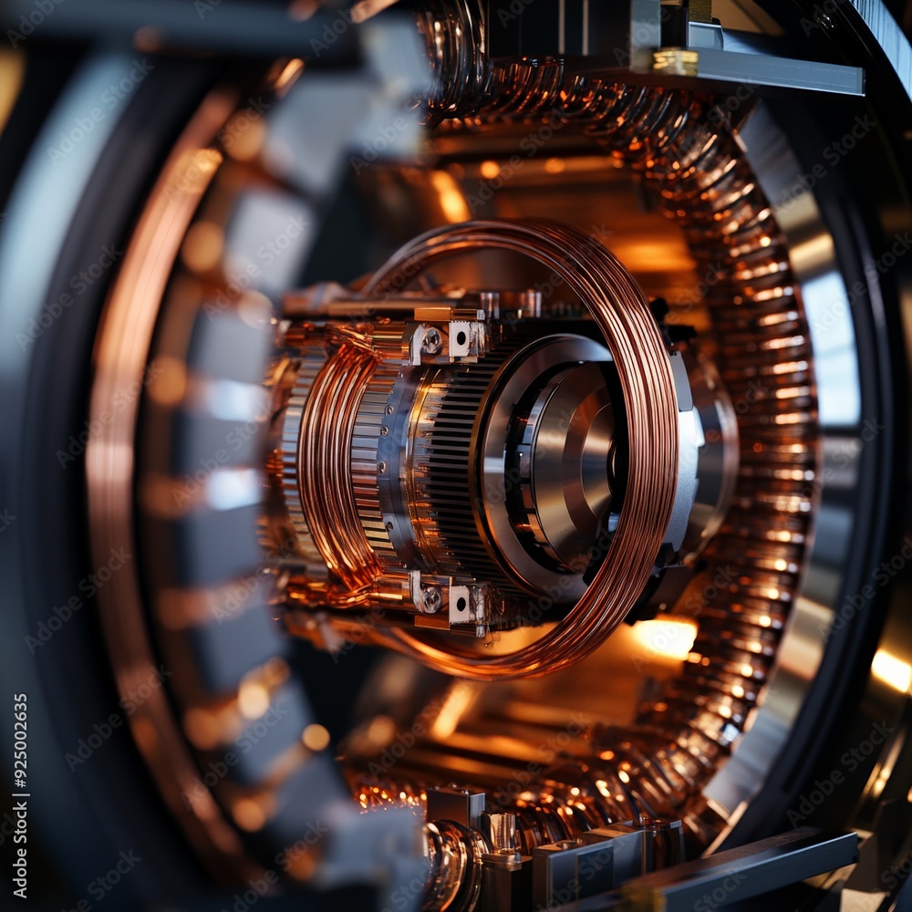 Poster close-up shot of an intricate mechanical component with copper coils and gears, showcasing detailed 