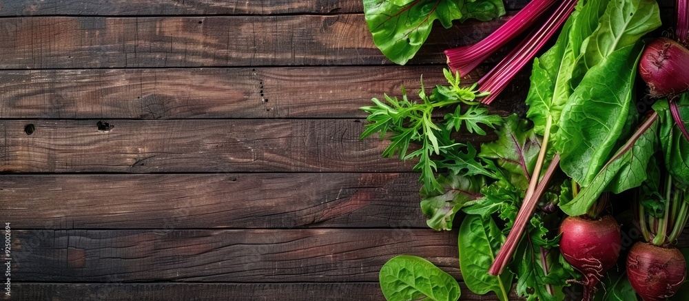 Poster top view of fresh salad ingredients like beetroot chard herbs on a wooden background with space for 