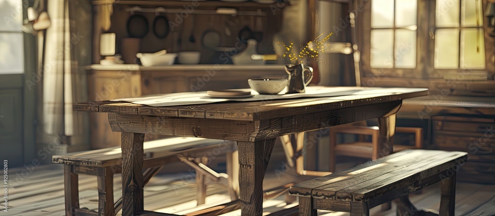 Aufkleber create a cozy farmhouse ambiance with this dining set featuring a sturdy wooden table and bench idea
