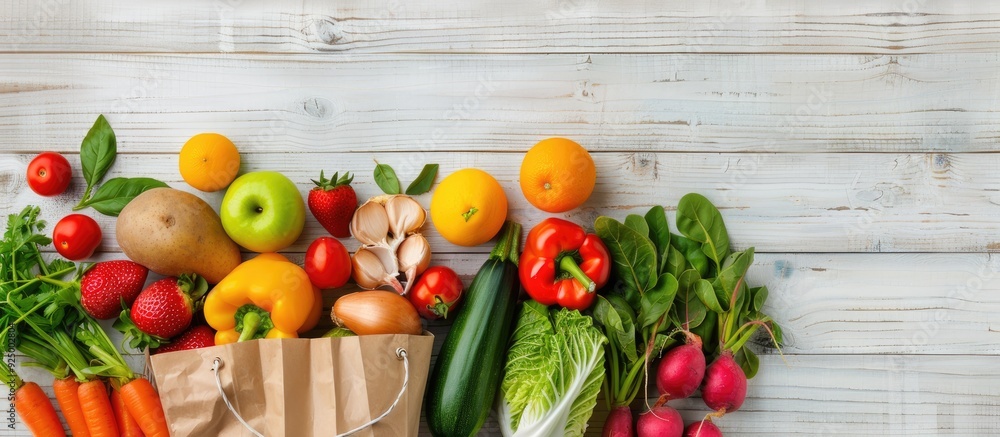Poster fresh fruits and vegetables for vegan meal delivery are displayed on a light wooden surface in a pap