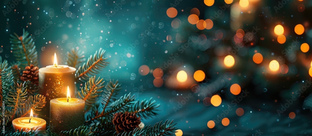 Poster holiday greeting card design featuring a festive fir branch adorned with candles and a designated ar