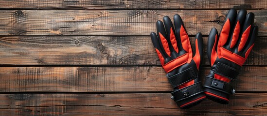 Neoprene gloves for various water sports like scuba diving snorkeling surfing and spearfishing displayed on a wooden background in a close up and top view with copy space image