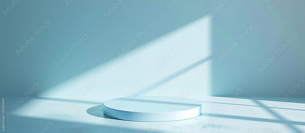 Poster round podium casting shadows on a light blue backdrop ideal for text in a copy space image