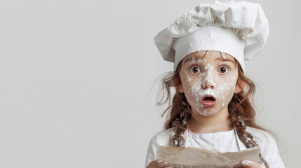 A girl in a chef hat, face covered in flour, holding a recipe with a surprised expression, baking mishap.