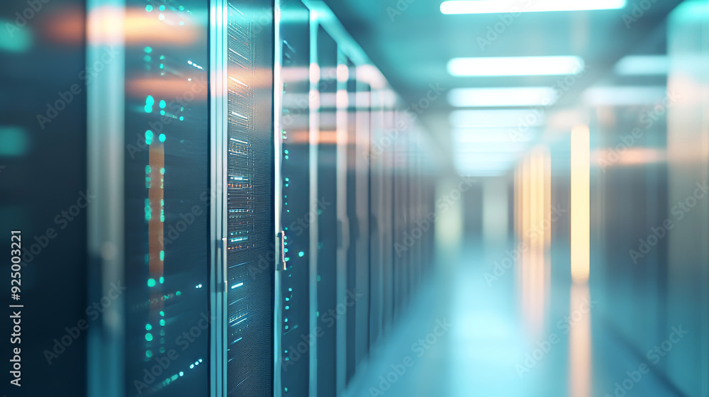 Poster a defocused corridor view in a spacious data center, featuring rows of rack-mounted servers and supe