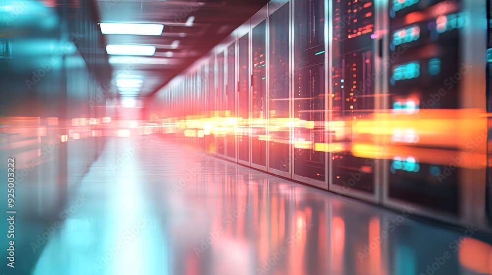 Poster a defocused corridor view in a spacious data center, featuring rows of rack-mounted servers and supe