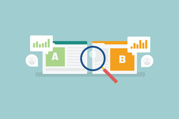 AB testing on social media, AB testing, Split testing, Ab testing for advertising campaign, Social media content AB testing, Vector illustration background.