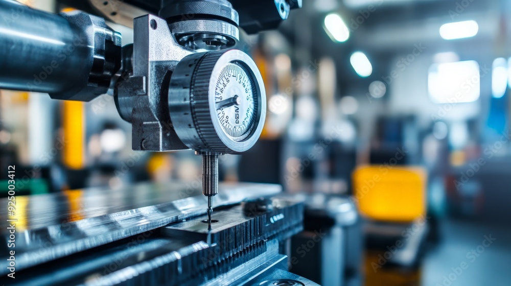Poster close-up view of a precise metalworking machine in an industrial workshop, focusing on measurement a
