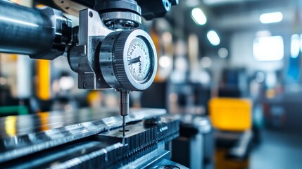 Close-up view of a precise metalworking machine in an industrial workshop, focusing on measurement and accuracy.