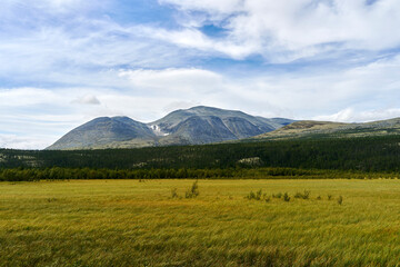 View from the eastern part of the Rondane Mountains in late summer. Atnsjomyrene Wetlands Nature Reserve in the foreground.