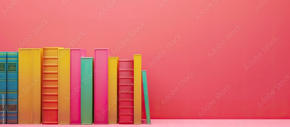 Poster colorful books displayed against a pink background with room for text in a copy space image