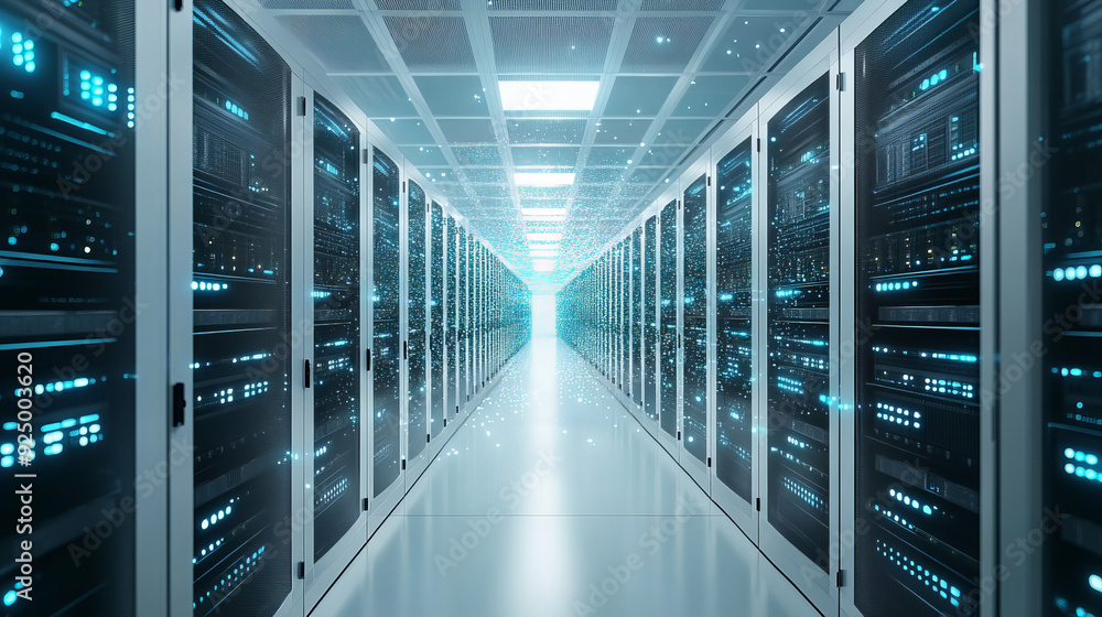 Poster a defocused corridor view in a spacious data center, featuring rows of rack-mounted servers and supe